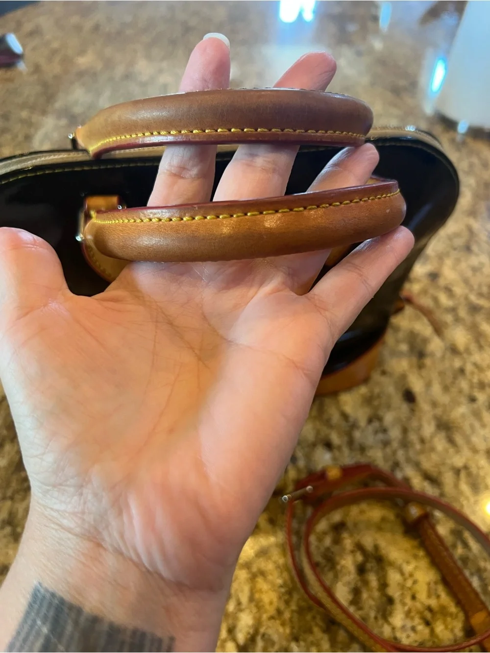 Dooney & Bourke Black Patent Leather Satchel with Tan Trim